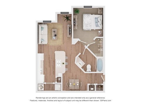 Floor plan for 1 bed, 1 bath, 670 sqft